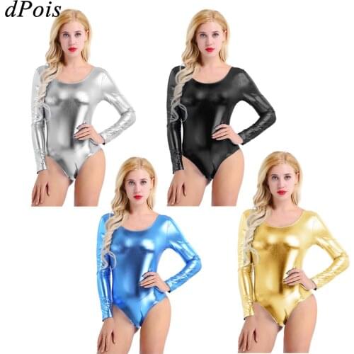 Adult Shiny Patent Leather Ballet Leotards for Women Long Sleeve Gymnastics Leotard Thong Dancewear Skating Dress Dance Bodysuit