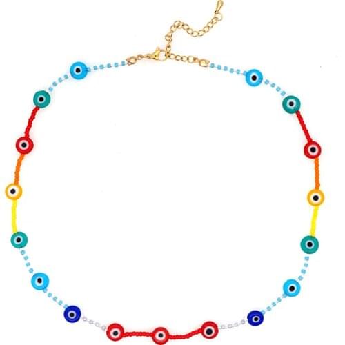 Go2Boho Turkish Evil Eye Beaded Choker For Women Necklace Rainbow Chokers Boho Jewelry Fashion Necklaces Stainless Steel Clasp