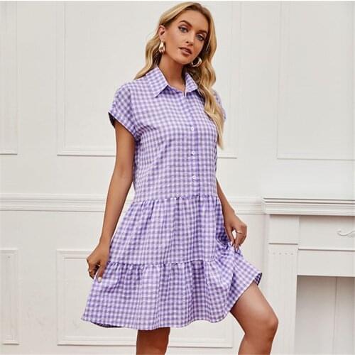 Plaid Dress For Office Ladys Summer Women Turn-down Collar Single Breasted Ruffle Pleated Dresses Short Sleeve Loose Shirt Dress