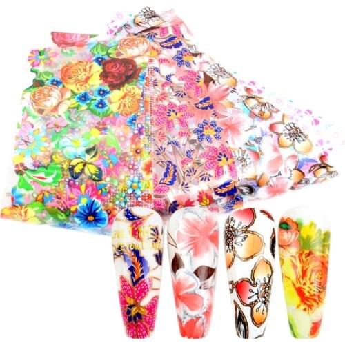 10pcs Butterfly Foils Stickers On Nails Colorful Flower Leaf Sliders For Nail Art Decoration Polish Foils Transfer Rolls