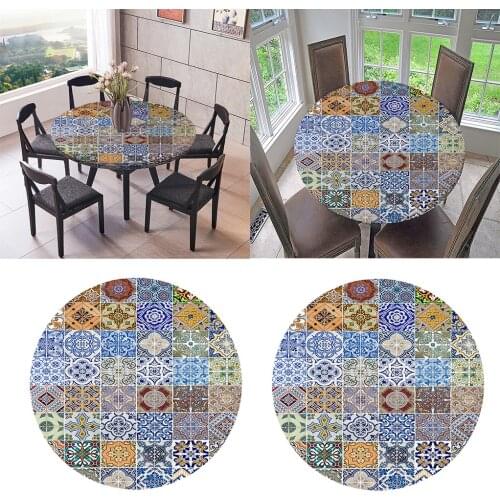 2pcs Table Cloth Round 47 Inch Elastic Edge Fitted Vinyl Table Cover, Colorful Pattern for Home Kitchen Decor