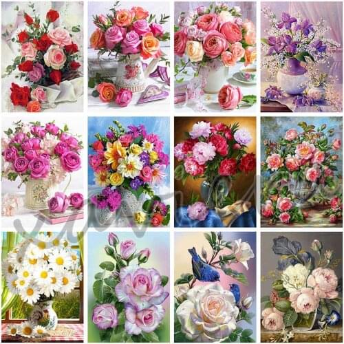 Xaviera 5D Diy Diamond Painting Flowers Rose Vase Full Square Drill Embroidery Mosaic Cross Stitch Kits Handmade Romantic Gift
