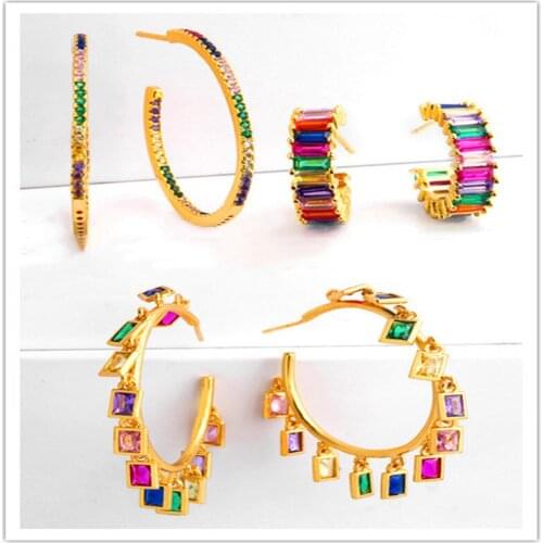 Boho Big Hoop Earring Gold Color Bezel Setting Rainbow Colorful Cubic Zirconia Pine Stone Women Gorgeous fashion Jewelry ers-q99