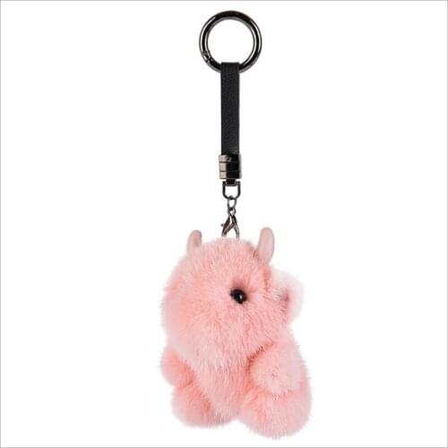 Real Mink Fur Keychain Pet Cow Cute Pink White Key Ring Pendant Car Bag Charm Gift Accessories
