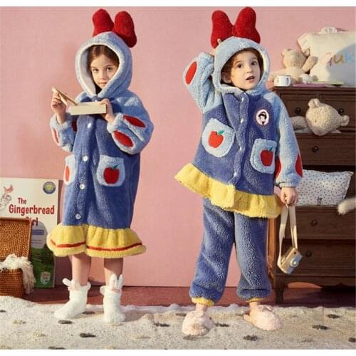 Children Winter Pajamas Hooded Cartoon Princess Fleece Set Bow Baby Longer Sleepwear Girls Coral Velvet Home Clothes Robes Thick