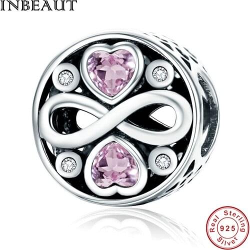 INBEAUT Original New 925 Sterling Silver Infinite Love Heart Cut Pink Zirconia Stone Charm fit Brand Bracelet Trendy Jewelry