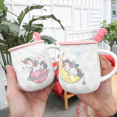 Unicorn Coffee Mug Cute Ceramic Cartoon Novelty Print Porcelain Stirring With Unicorn Lid Animal Cups For Girl Gifts