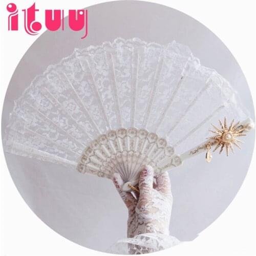 Handmade Lolita Vintage Gothic Black White Lace Golden Sun Flower Folding Hand Fan Wedding Party Stage Show Decor Props