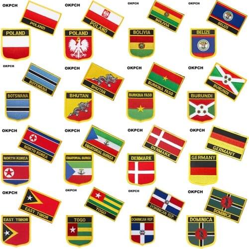 Poland Bolivia Belize Botswana Bhutan National Flag Embroidered Iron on Patches for Clothing Metal badges DIY Saw on Patches