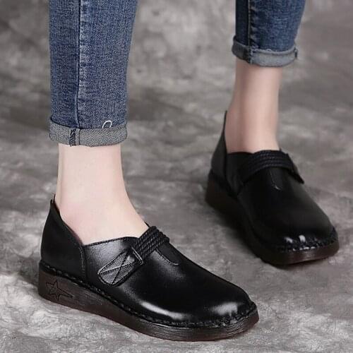 OUKAHUI Spring Genuine Leather Summer Female Flat Shoes Solid Hook Loop Retro Low Heel Casual Shoes Lady 2019 Soft Comfort Flat