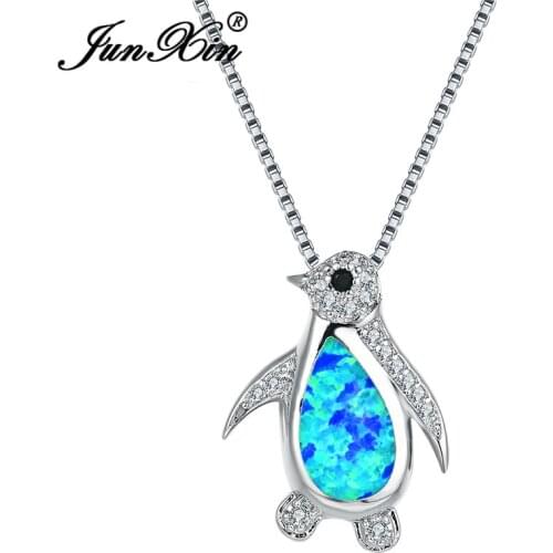 JUNXIN Cute Animal Penguin Pendant Necklaces For Women White Gold Filled Teardrop Zircon Blue White Fire Opal Necklace Wedding