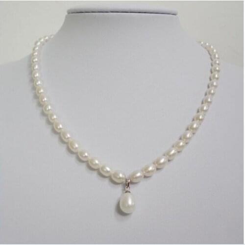 Women Jewelry Gift 6-7mm white pearl necklace oval round pendant real natural freshwater pearl 18'' 45cm