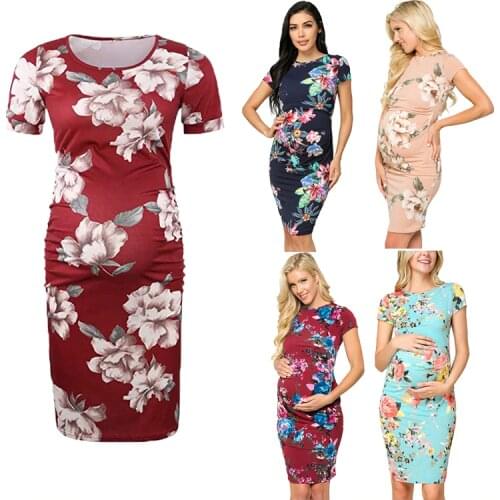Wholesale Maternity Dresses Pregnancy Clothes Floral Style Ruching Abdominal Scoop Neck Pregnant Women Clothing