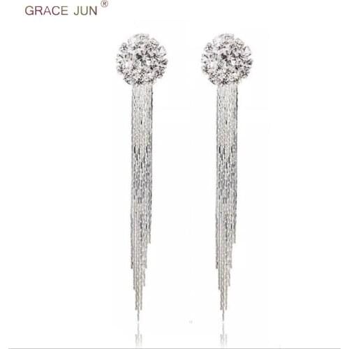GRACE JUN New Luxury Rhinestone Long Tassel Clip on Earrings Without Piercing for Women Party Fashion Bridal Earrings Wholesale