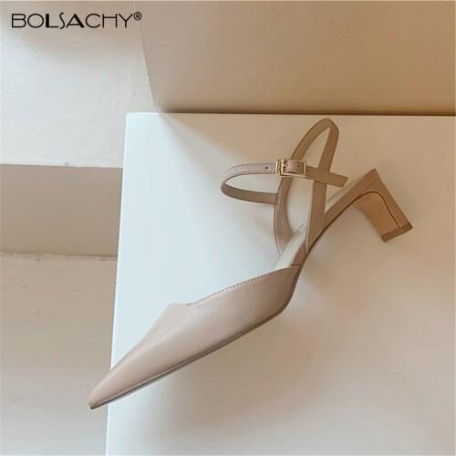 Pumps Women Natural Genuine Leather Shoes Slingbacks High Heels Pointed Toe Sandals Shoes Ladies Apricot Black Large Size 33-43