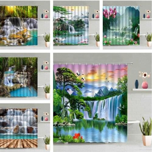 Waterfall Mountain Forest Shower Curtain Flower Bird Green Tree Sky Sunset Scenic Hanging Curtains Bathroom Waterproof Decor Set