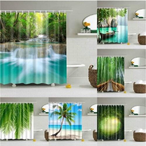 3D Printing Shower Curtain Beach Green Forest Waterproof Polyester For Bathroom Curtain Green Plant Shower Curtain With Hooks