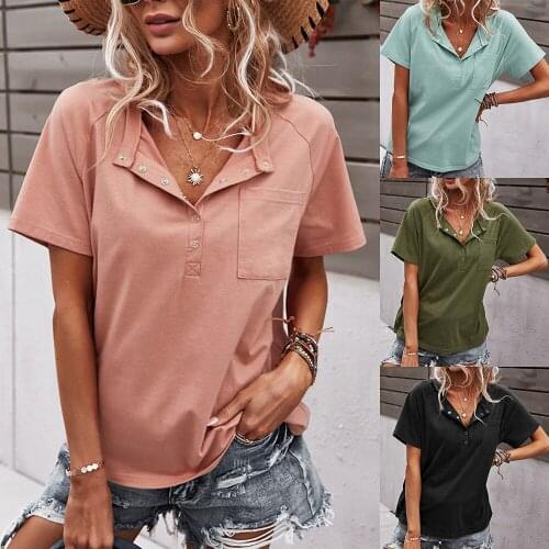 Women Casual Short Sleeves Pure Color T-shirt Blouses New Arrival 2021 Fashion Loose Buttons T-shirts Summer Clothes For Women