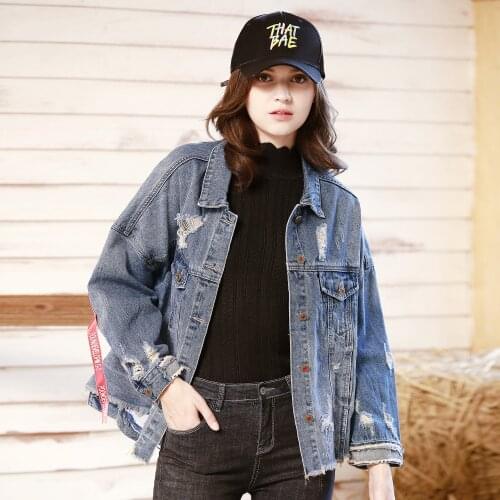 YYCZF Women SP & AU Denim Jackets Turn-down Collar Loose Street Sequin Irregular Hole Ribbon Boyfriend Jean Coat Female Outwear