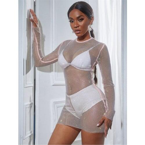 SRUBY 2021 autumn winter new medium length solid color mesh hollow out flash diamond versatile temperament tight dress