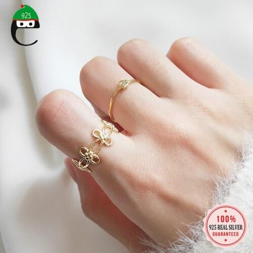 ElfoPlataSi Genuine 925 Sterling Silver Sweet Gold Flower Star Adjustable Ring For Women Wedding Birthday Valentines Day DA1313