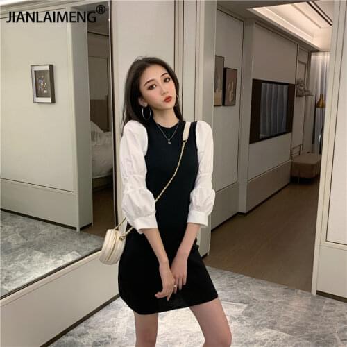 2020 Autumn Mini Party Dress Women Puff Sleeve Knit Dresses Korean Elegant Vintage Pencil Robe Vestidos De Festa Dress for Women