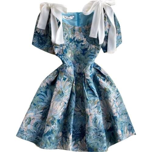 Summer New Fashion Temperament Womens Vestidos Square Neck Puff Sleeve Retro Jacquard Slim Sling Mini Dress DK455