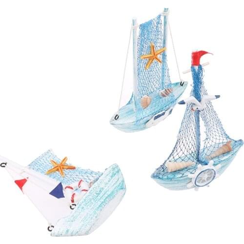 15cm Mediterranean Style Marine Nautical Wooden Blue Sailing Boat Ship Wood Crafts Ornaments Party Room Home Decoration