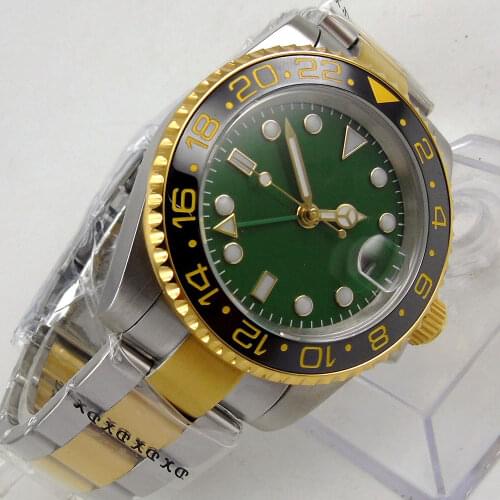 40MM Sterile Green Dial Sapphire Glass Yellow Gold Plated Ceramic Bezel Date Glass Case Back GMT Automatic Mens Wristwatch