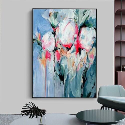 Pure Handmade Abstract Blue Tulip Flowers Art Wall Decor Canvas Oil Painting Modern Wall Art For Living Room Decor Pieces