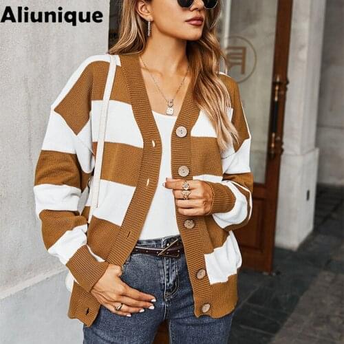 Aliunique New Autumn Long-sleeved Striped T-shirt Knitting Sweater For Women 2021 Fashion Design Lady Loose Casual Cardigan Tops