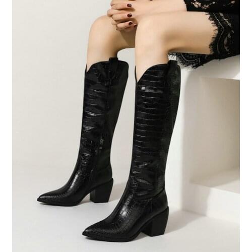 Faux Leather Pointed Toe Square Heel Motorcycle Boots Women Fashion Comfort Mid-heels High Boots Black Brown White Daily Boots