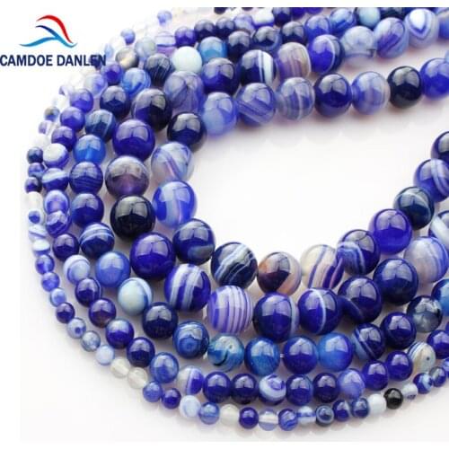 CAMDOE DANLEN Natural Gem Stone Agat Blue Stripe Loose Beads 4 6 8 10 12MM Diy Bead Chams Women For Jewelry Making Accessories