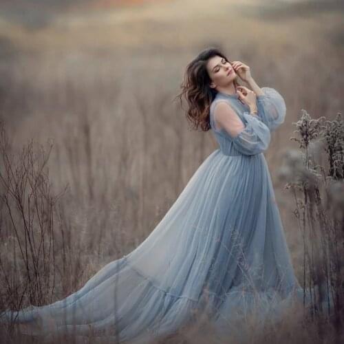 Elegant Soft Tulle Pregnancy Gowns Long Puffy Sleeves With Long Train See Thru High Neck Sexy Maternity Dressing Gown