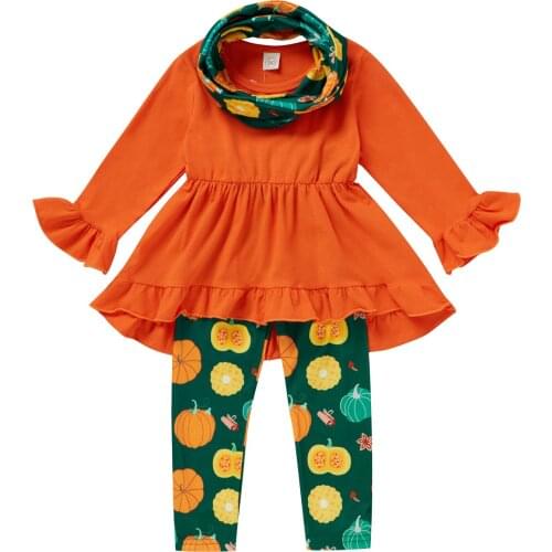 Infant Kids Baby Girl’s T-shirt and Trousers Suit Casual Long Sleeve Tops and Pumpkin Long Pants with Bib Orange Green