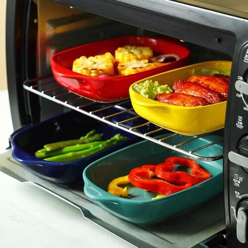 Ceramic Rectangular Binaural Cheese Baked Rice Plate Baking Dish Microwave Western Food Bowl Kitchen Tableware Dinner Plate