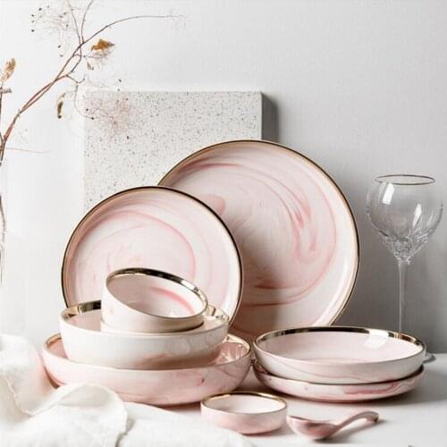 Pink Marble Gold Inlay Nordic Style Household Hotel Ceramic Tableware High End Porcelain Dinnerware Set Bowl Dish Plate 1pc