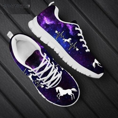 ELVISWORDS Heart Beat Galaxy White Horse Printed Fashion Ladies Casual Sneakers Comfortable Hiking Sports Shoes for Women 2020