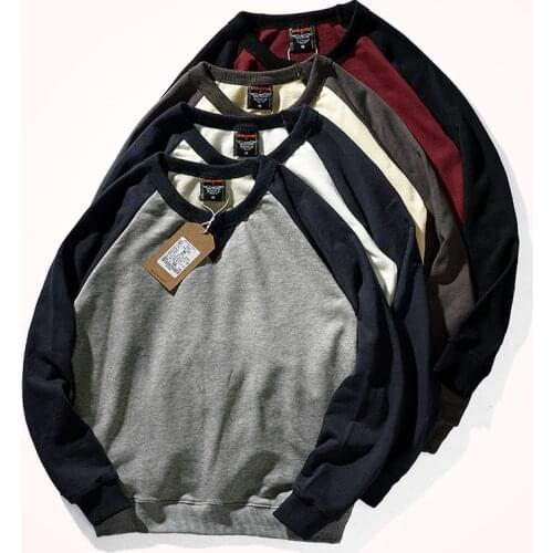 American Terry Contrast Stitching Hoodies Mens Pure Cotton Washed Old O-neck Pullover Knitted Raglan Sleeve Casual Sportwear