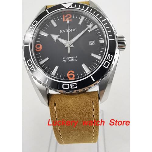 45mm Parnis black dial Sapphire Glass Ceramic Bezel 21 jewels MIYOTA Automatic movement Mens watch-PA45
