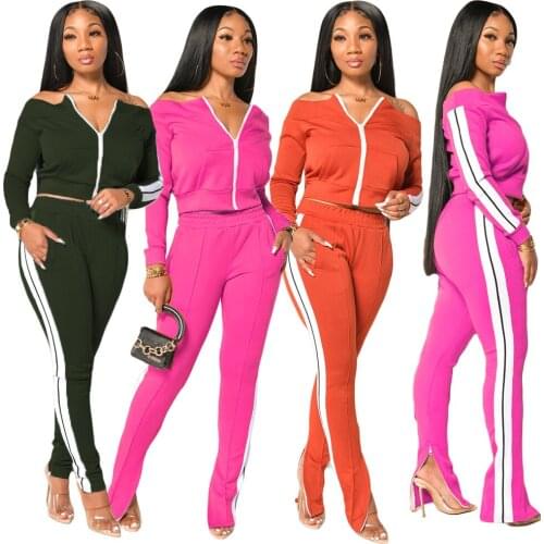 2020 Autumn White Striped Patchwork Two Piece Set Women Casual Long Sleeve Slash Neck Zipper Short Jacket Pencil Pants Tracksuit