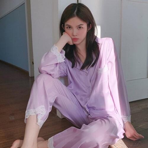 2020 Autumn New Ladies Silk Satin Pajamas Set Solid Color Plaid Girls Sweet Lace Sleepwear 2Pcs Turn-down Collar Women Homewear