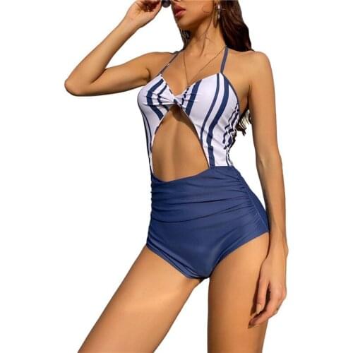 Sexy Women Stripe/ Floral Printed Pattern One-piece Swimsuit V-neck Sleeveless Swimwear Backless Hollow Out Bathing Suits
