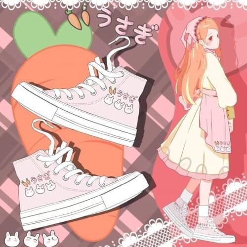 Japanese Sweet Soft Girl Pink Canvas Shoes Women High-top Sneaker Harajuku Style Cute Cartoon Little Rabbit Print Student Shoes