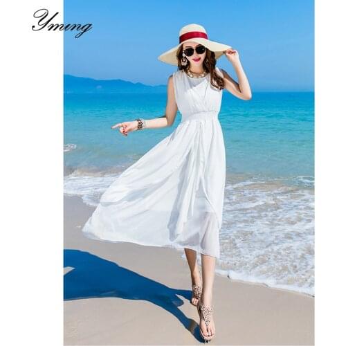 YMING Womens Bohemian Beach Sandy Long Dress Female Spring And Summer New Large Size Slim Vacation Chiffon Dress