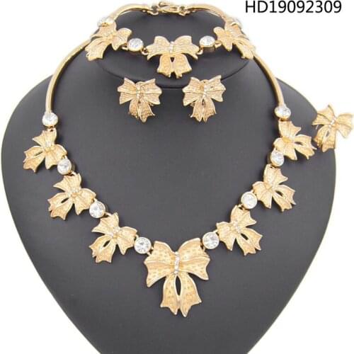 Yulaili Latest Fashion Wedding Jewelry Sets 18 Gold Bow Crystal Necklace Earrings Bracelet Ring Bridal Party Gift Jewellery
