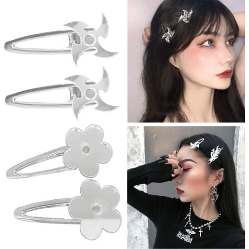 2Pcs Mirror Silvery Harajuku Punk Darts Hairpin Women Stylish Cool Boomerang Flower Hair Clip Barrettes Hair Accessories