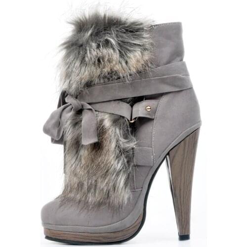 2019 Chic Gray Lace-Up High Heel Boot Woman Platform Fur Decor Rivets Autumn Winter Ankle Boots Woman Party Dress Shoes