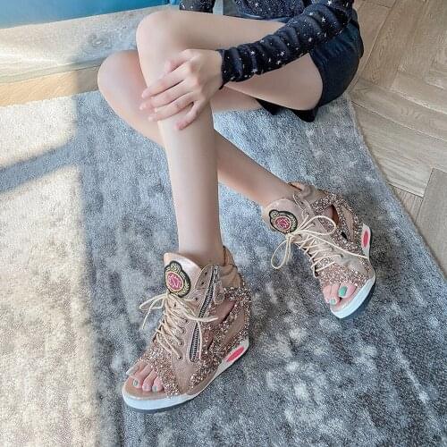 Womens Peep Toe Real Leather Sequins Bling Lace Up Sneaker Hidden Wedge Heel Shoes High Top Boots 4Colors Side Zipper