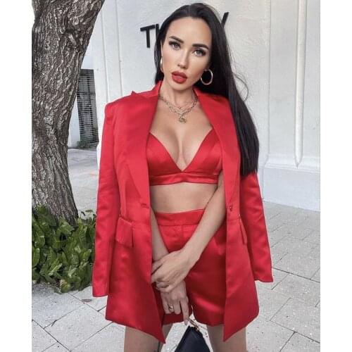 Vero Sinly Women Winter Sexy Long Sleeve V Neck Red Three Piece Shorts Set 2021 Celebrity Designer Fashion Womens Set